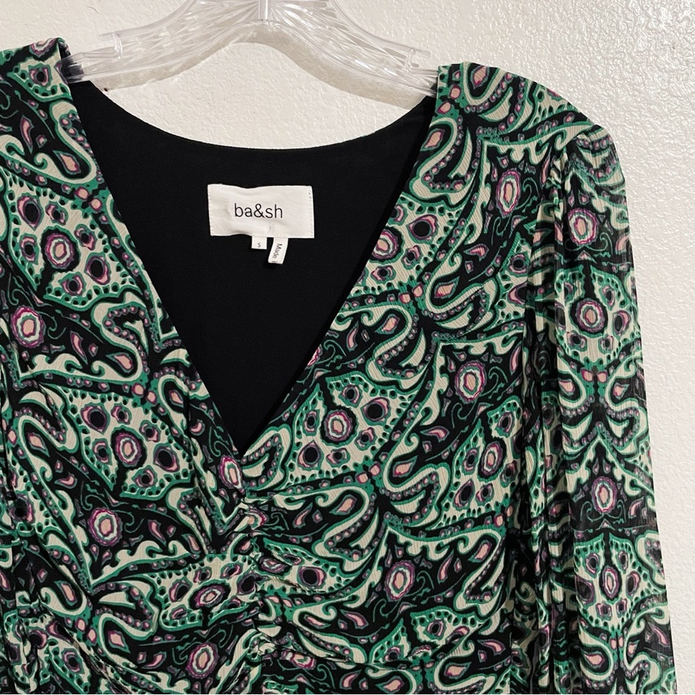 BA&SH Fanny Ruched Mini Dress in Vert Green Paisley‎ Print - Picture 7 of 10